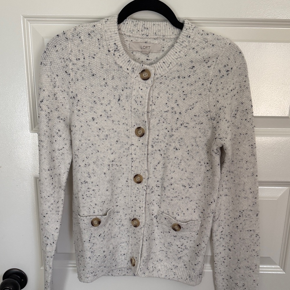 LOFT Cream Speckled Cardigan with Wooden Buttons